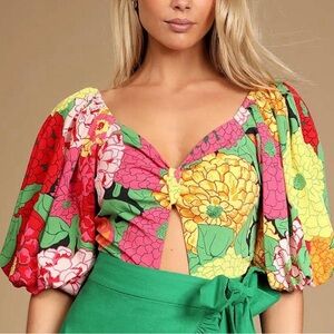 Lulus “Freshly Bloomed Green Multi Floral Print Puff Sleeve Bodysuit”